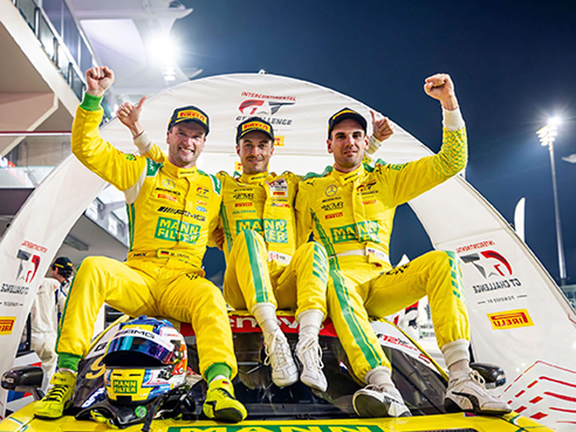Victory in the MANN-FILTER Mamba at the IGTC in Abu Dhabi: Maro Engel, Mikael Grenier and Luca Stolz (from left)