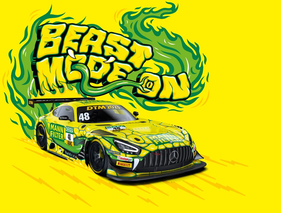 Official MANN-FILTER motorsport visual 2023 with the Mercedes GT3 Evo Mamba for the DTM series