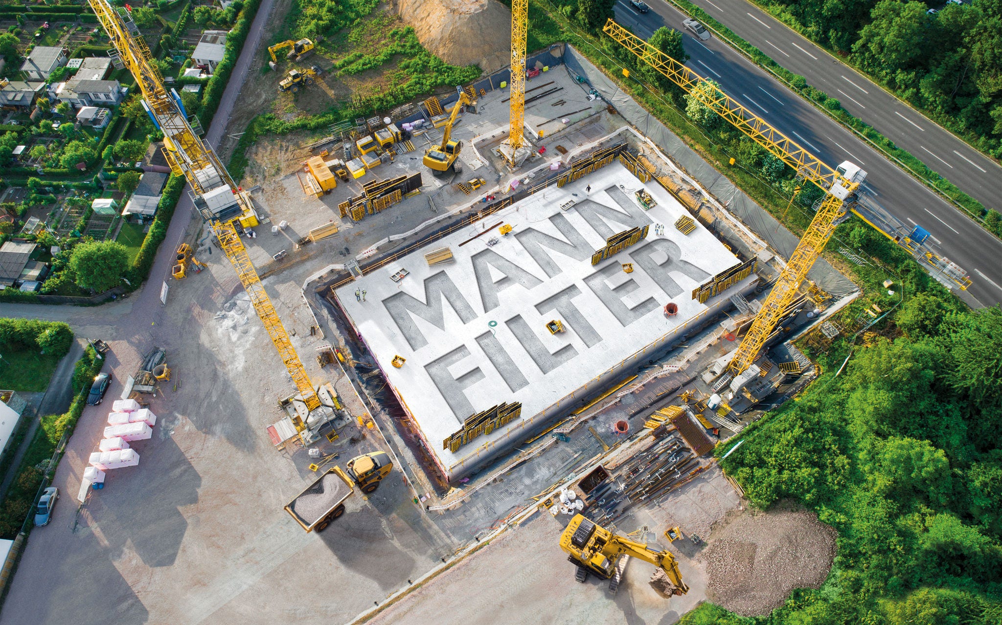 Construction site, foundation and equipment - aerial view