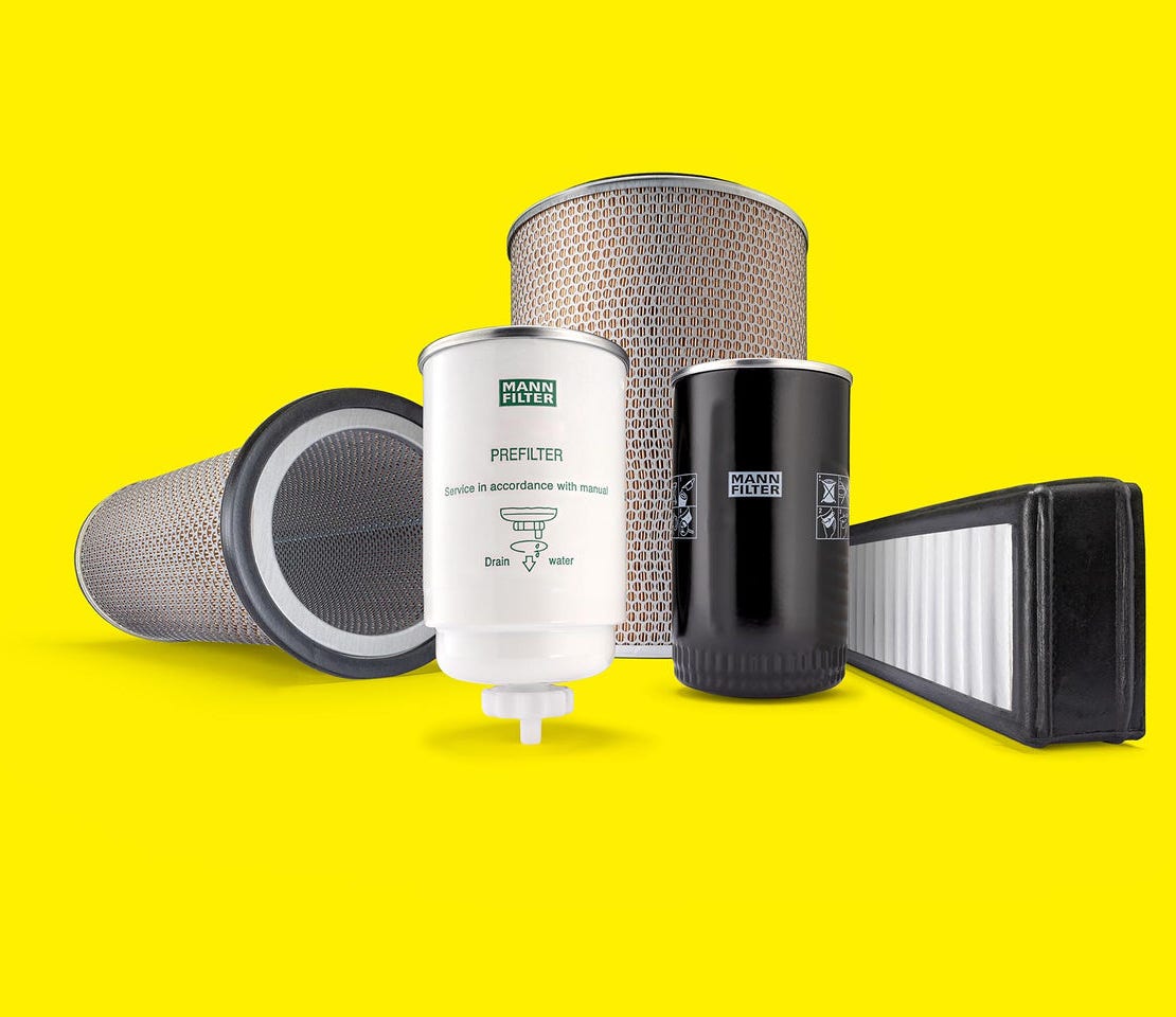 Various MANN-FILTER products for agriculture, including oil and fuel filters, and air filters