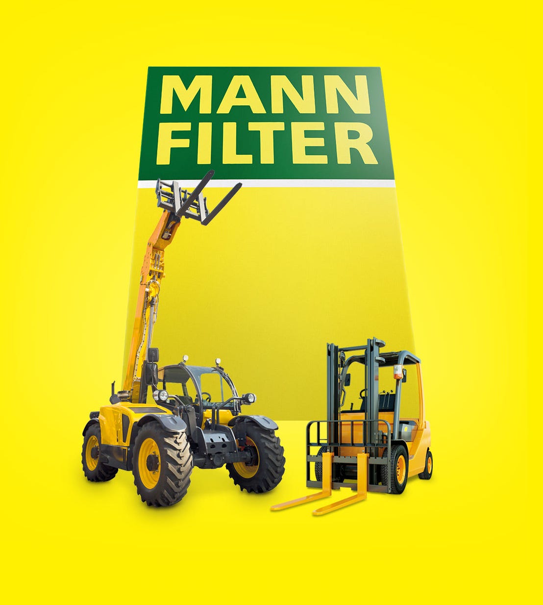 A yellow background featuring a forklift, telehandler, or other machinery near a MANN-FILTER logo