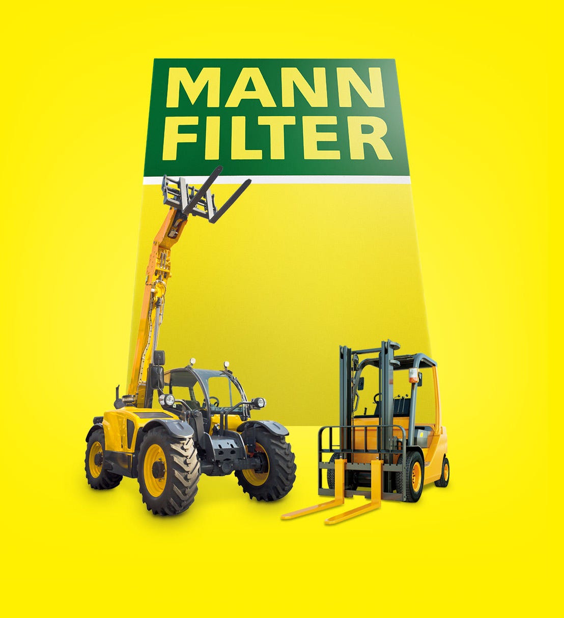 A yellow background featuring a forklift, telehandler, or other machinery near a MANN-FILTER logo