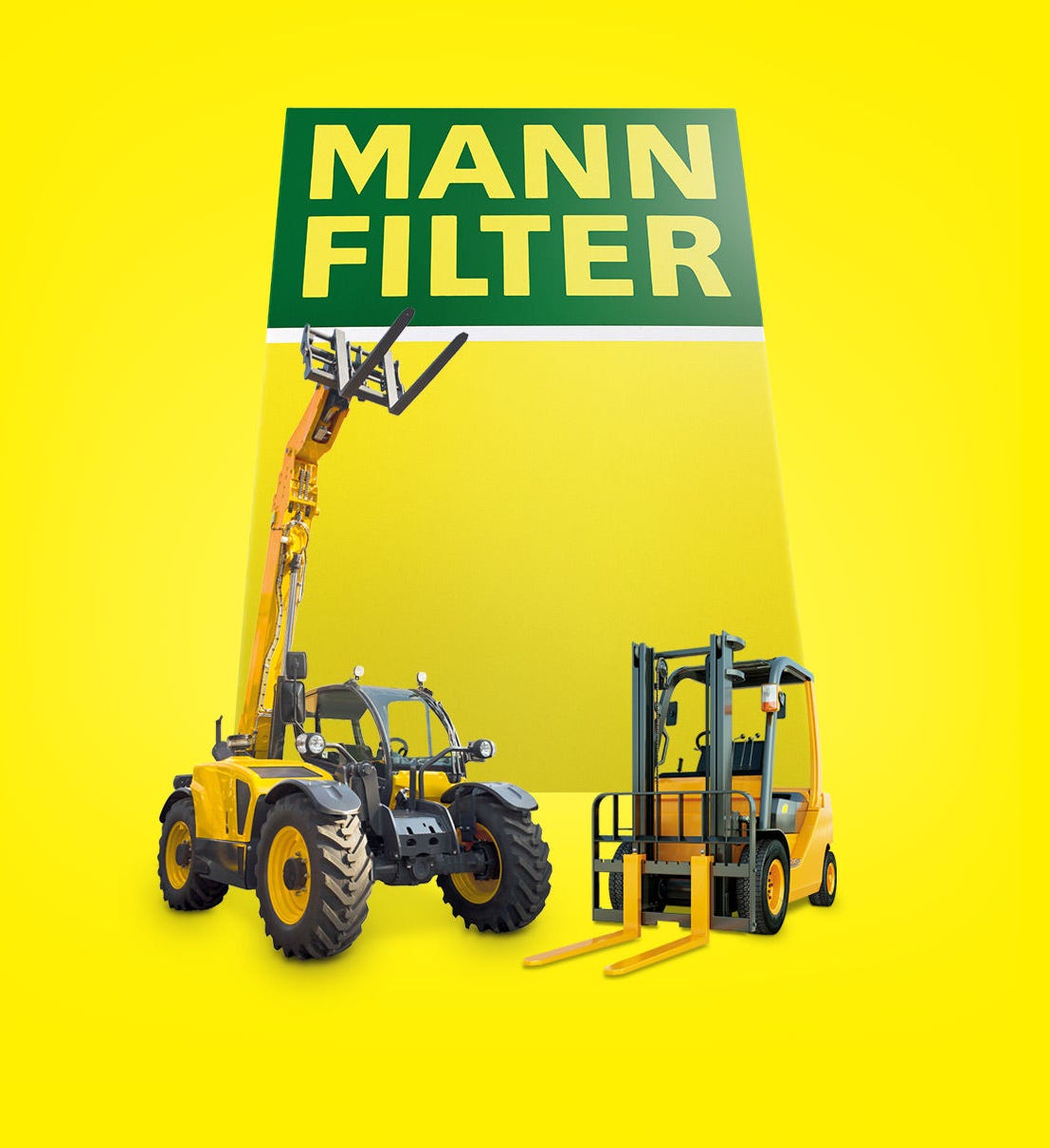 A yellow background featuring a forklift, telehandler, or other machinery near a MANN-FILTER logo