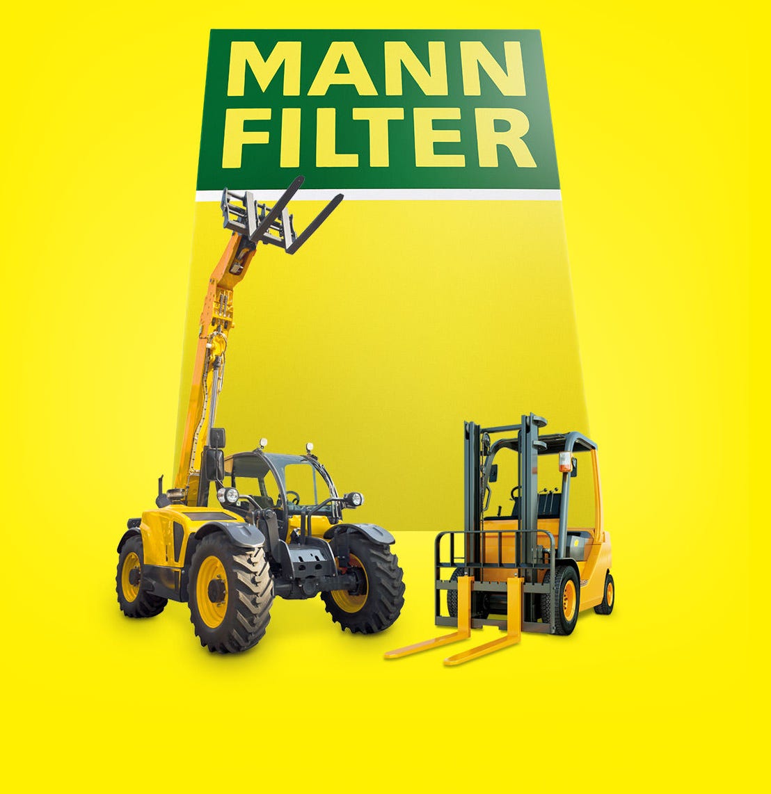 A yellow background featuring a forklift, telehandler, or other machinery near a MANN-FILTER logo