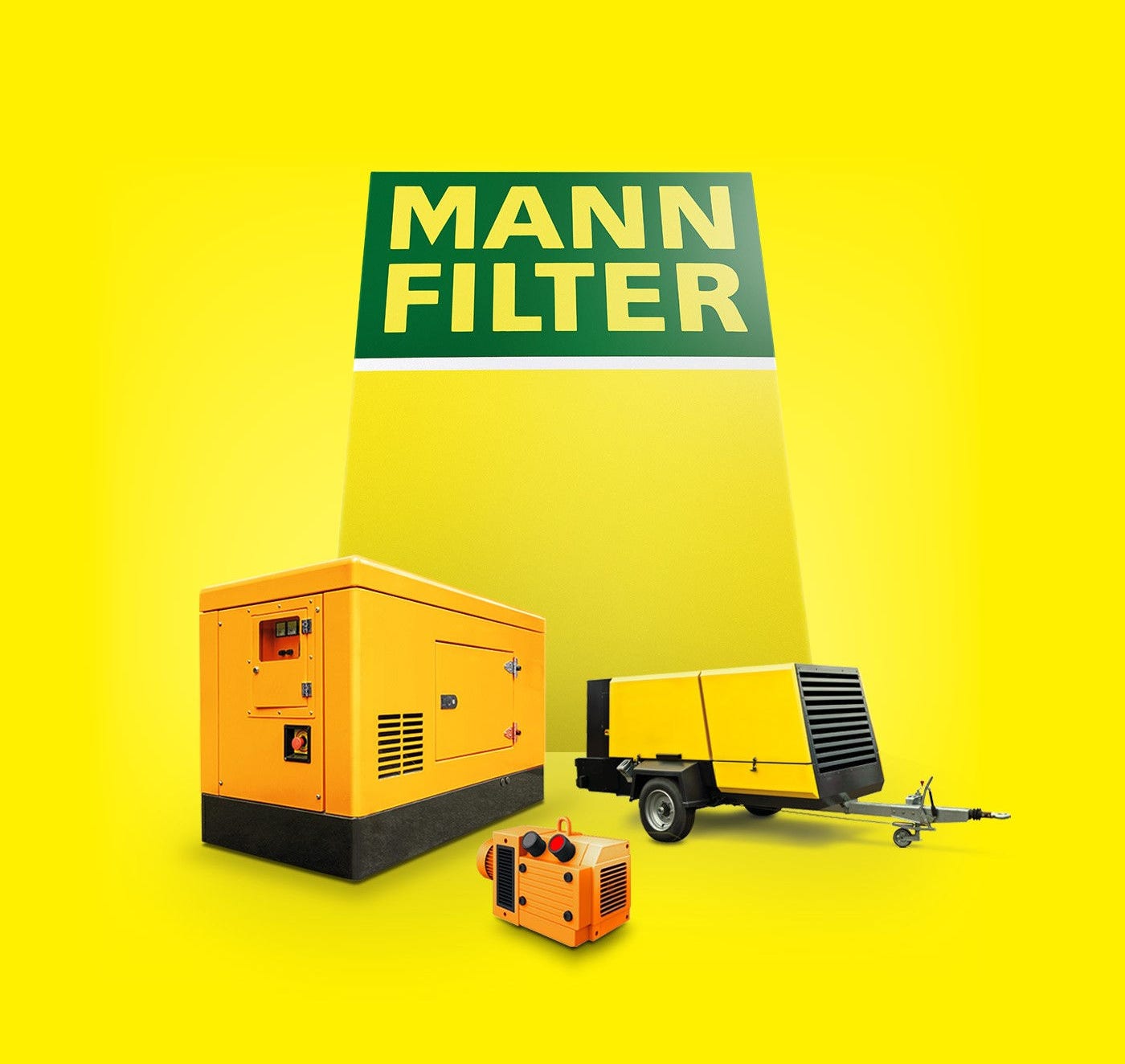 A yellow background with a MANN-FILTER box in front of compressors and vacuum pumps