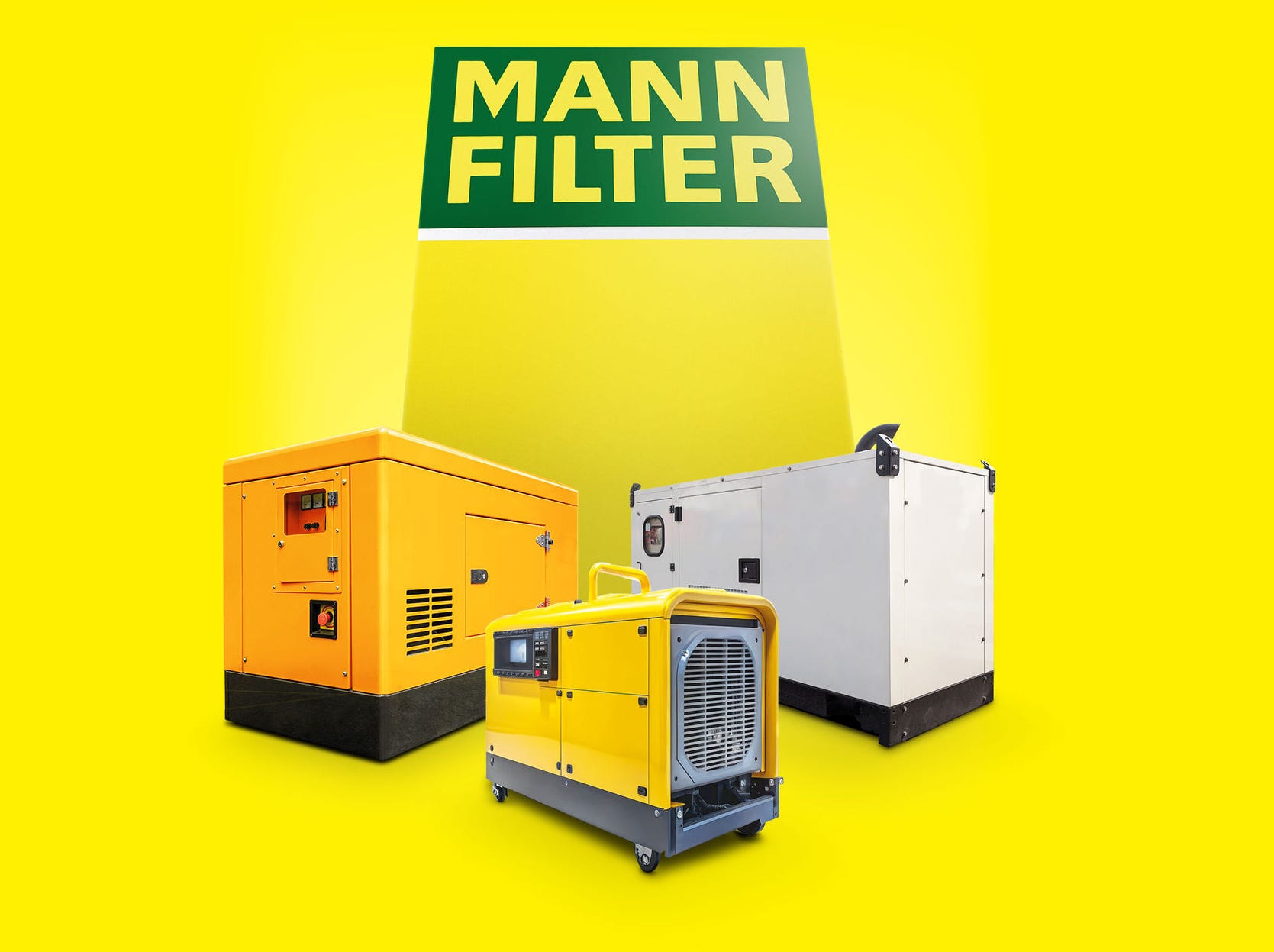 Three generator sets placed in front of a large MANN-FILTER box on a yellow background