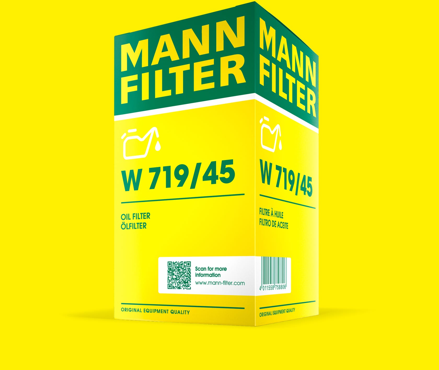 Ansicht der neuen MANN-FILTER Verpackung am Beispiel der Ölfilterverpackung W 719/45