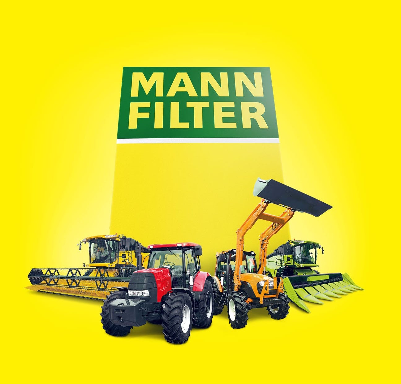 Tractor, loader, and harvesters near MANN-FILTER branding on a bright yellow background