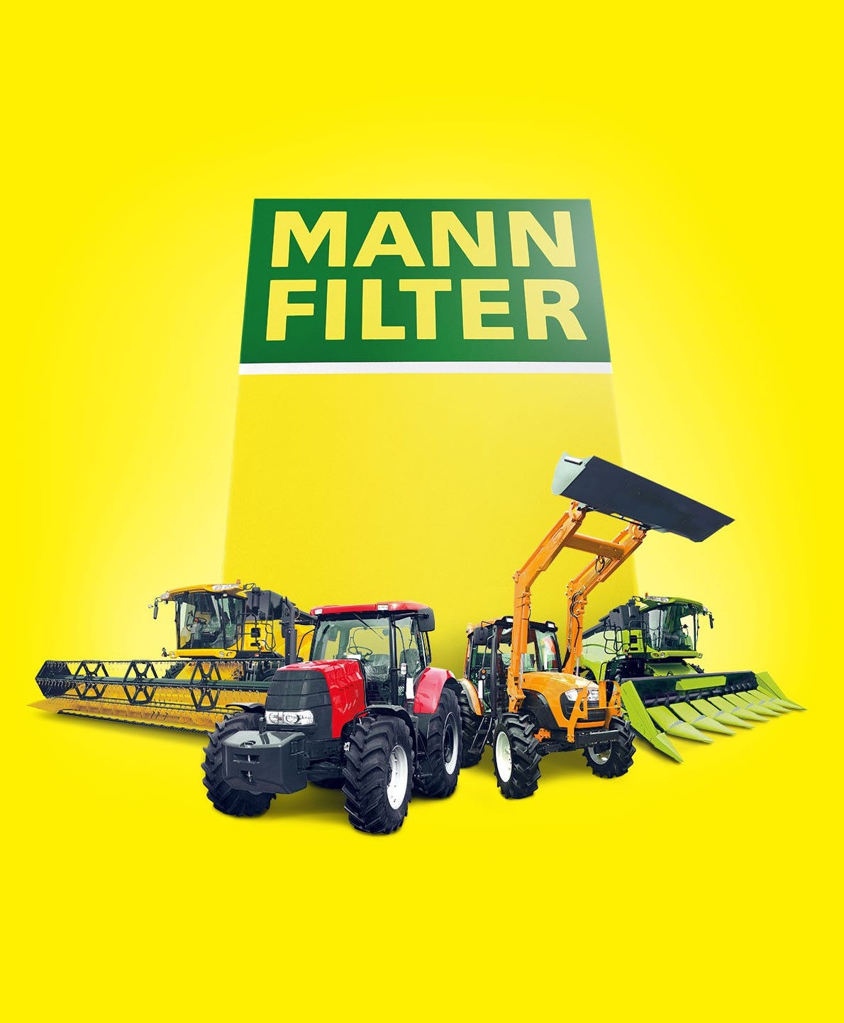 Tractor, loader, and harvesters near MANN-FILTER branding on a bright yellow background