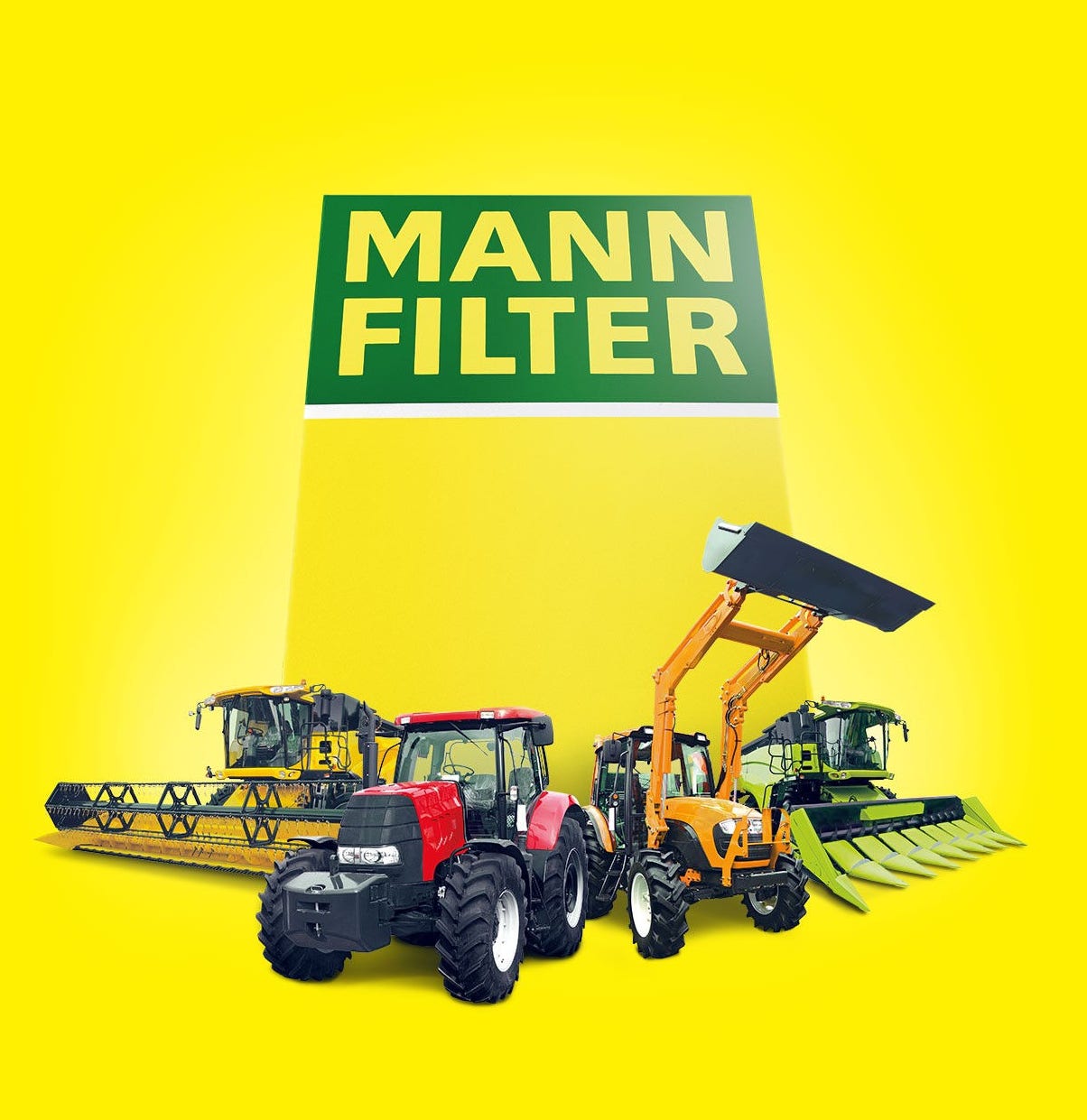 Traktor, Lader und Erntemaschinen neben einer MANN-FILTER Box auf leuchtend gelbem Hintergrund