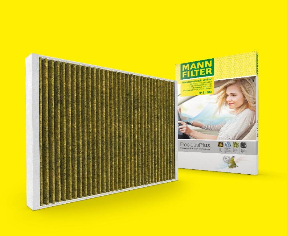 FreciousPlus: biofunctional cabin filter uses an activated carbon layer and polyphenol coating.