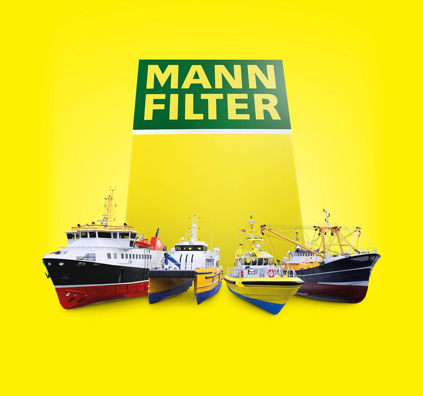 A bright yellow background with several boats and ships featured under a MANN-FILTER logo