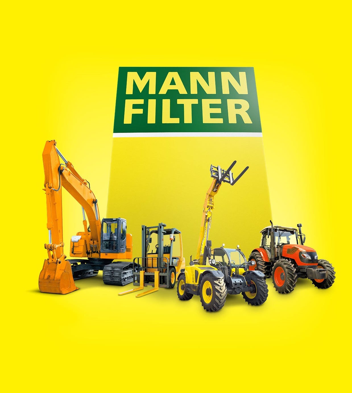 Yellow background with a MANN-FILTER logo, an excavator, a forklift, and a tractor in a row