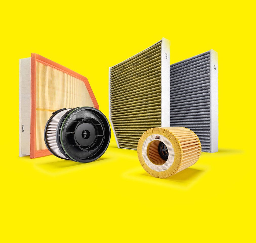 Car and van filters by MANN-FILTER, including air, cabin, and oil filters, on a yellow background