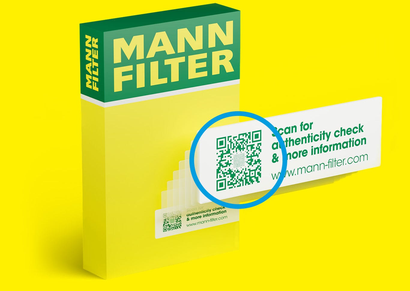 Yellow-green MANN-FILTER packaging with a zoom of the secure qr code graphic to highlight it