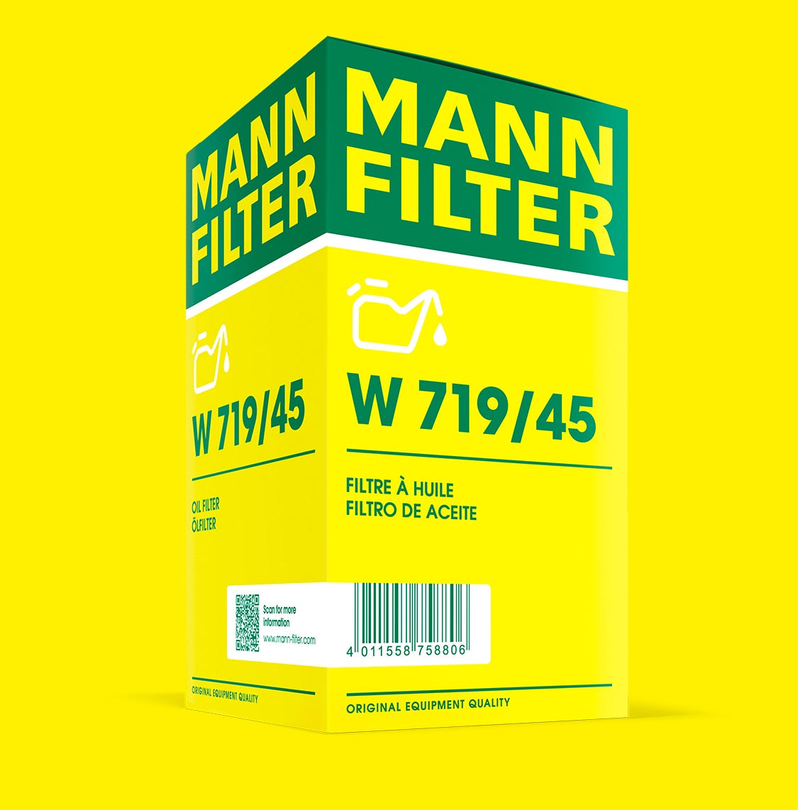 Pohled na příklad nového balení MANN-FILTER: stránka s přemístěným kódem GTIN