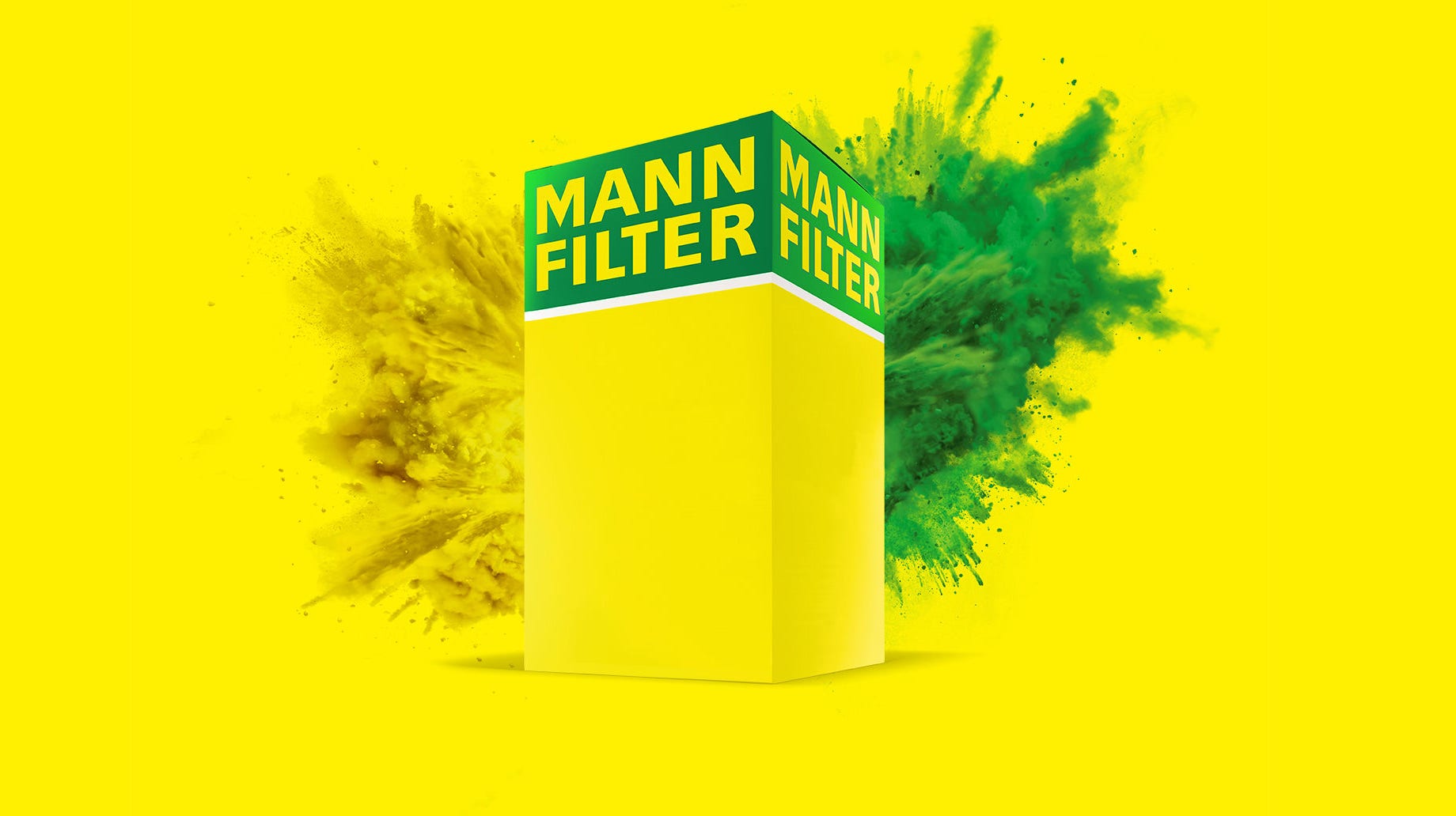 Cutie MANN-FILTER de renume mondial în galben și verde intens, cu caracteristici sustenabile