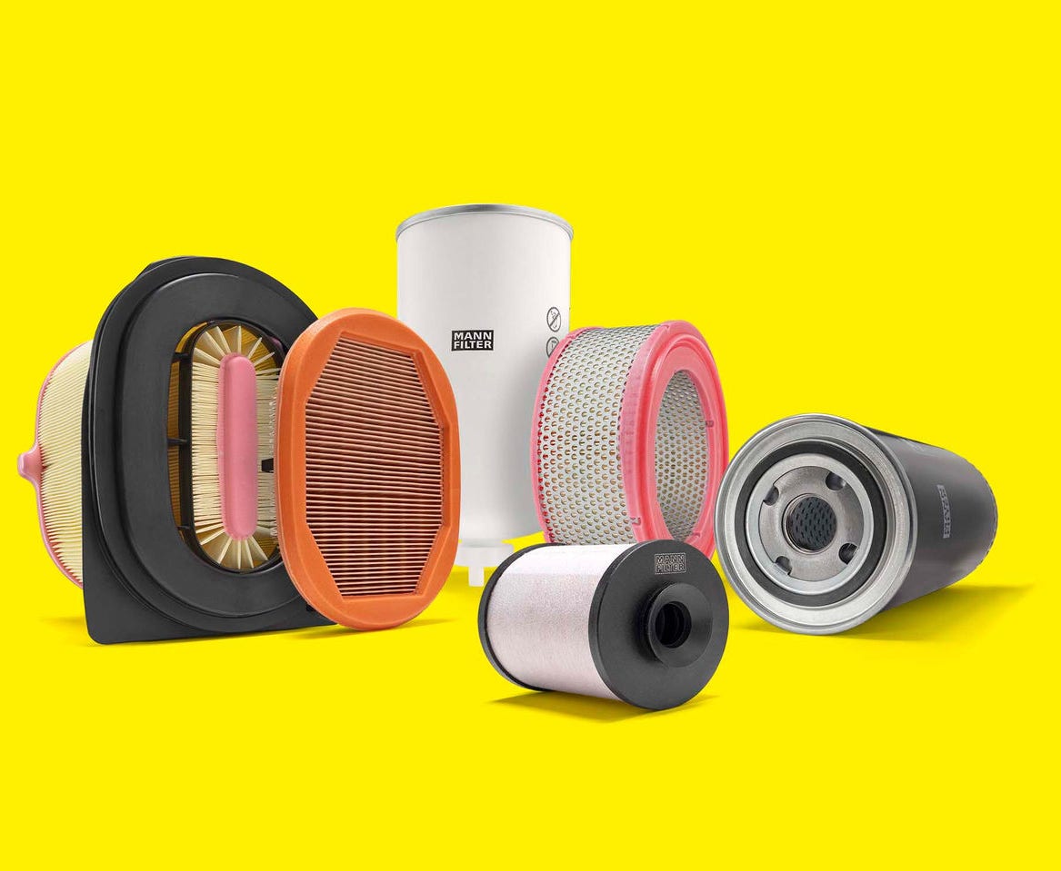 A selection of material handling filters for forklifts and telehandlers on a yellow background