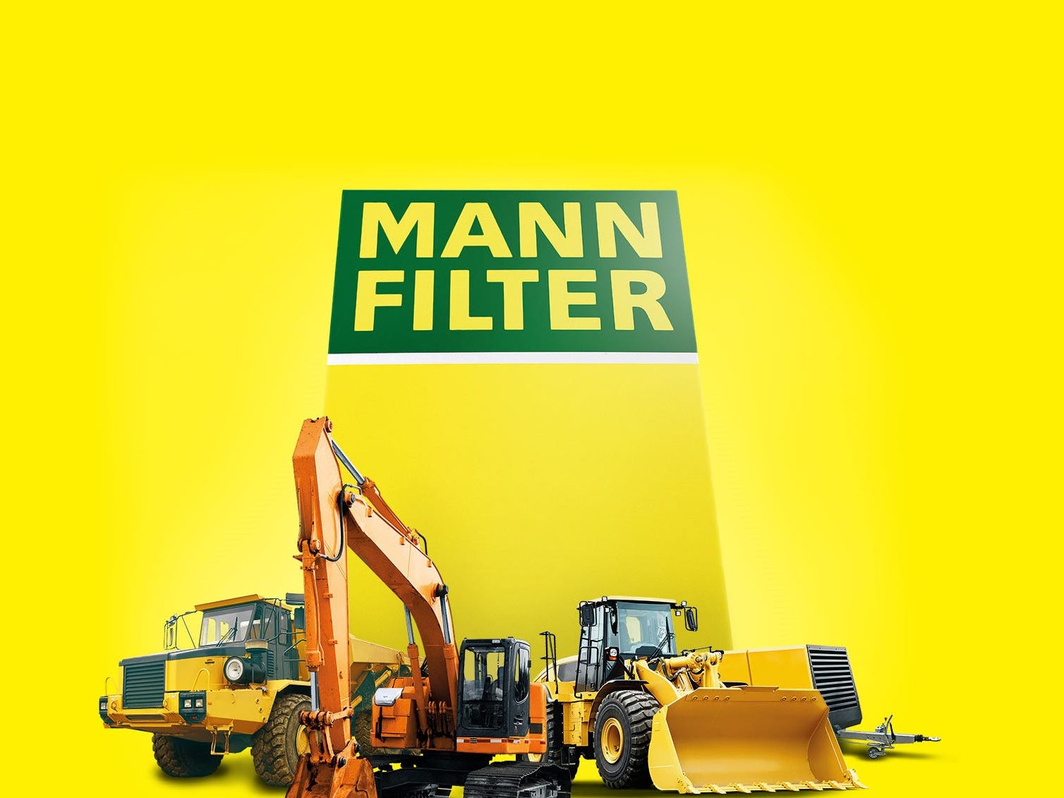 Construction vehicles, an excavator and a loader, near MANN-FILTER branding on yellow background