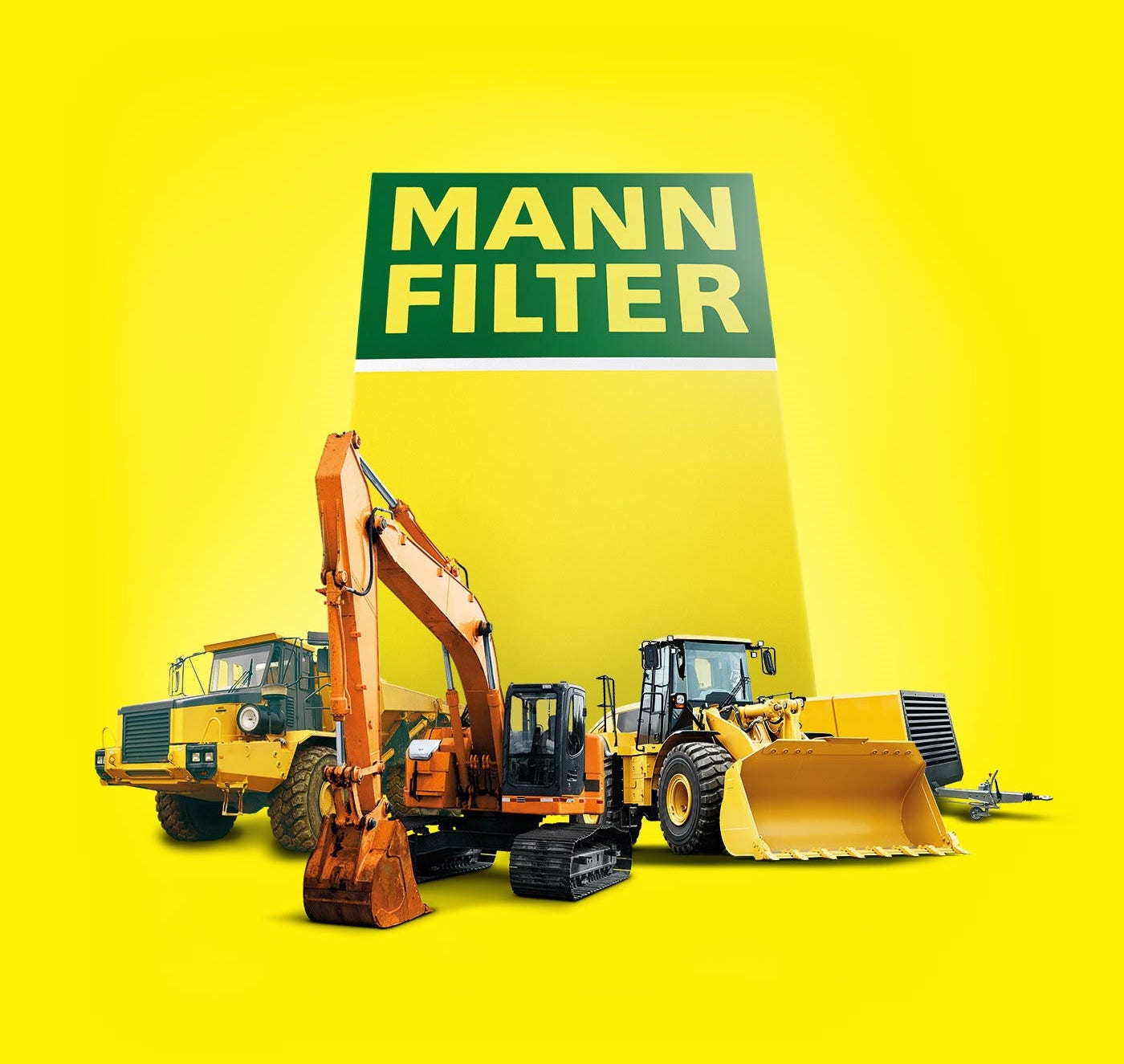 Construction vehicles, an excavator and a loader, near MANN-FILTER branding on yellow background