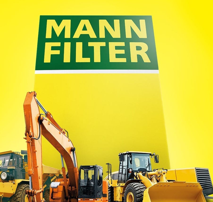 Construction vehicles, an excavator and a loader, near MANN-FILTER branding on yellow background