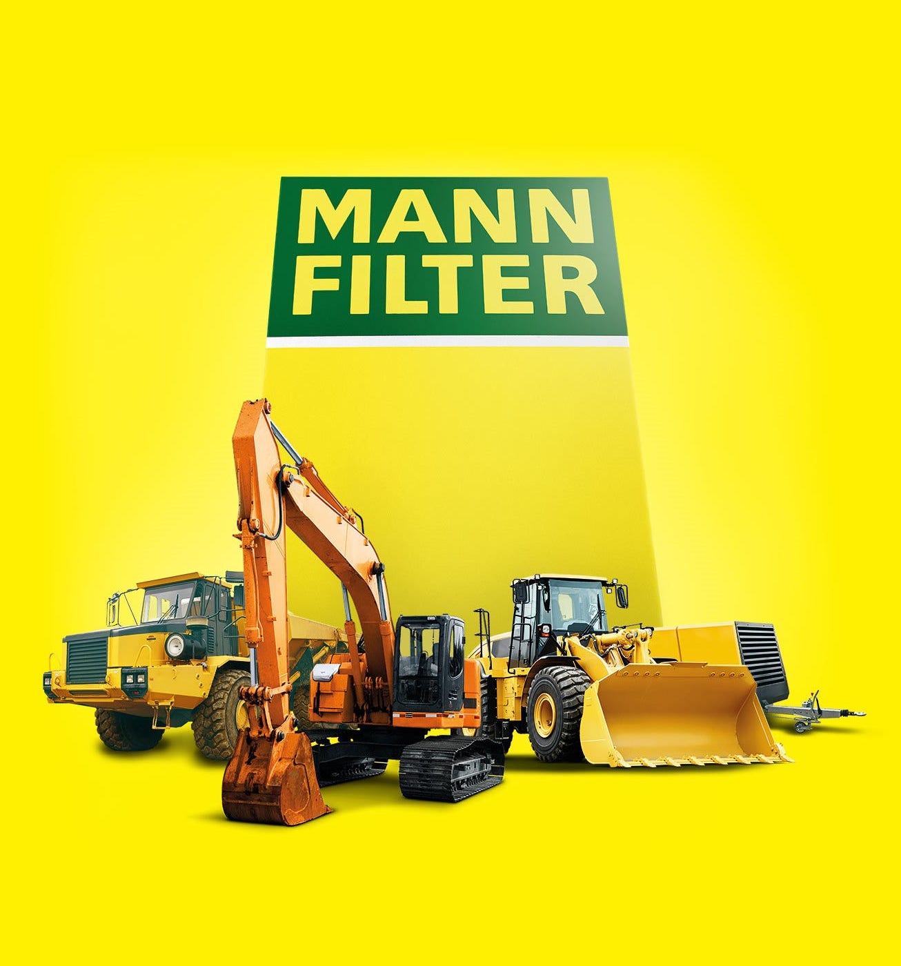 Construction vehicles, an excavator and a loader, near MANN-FILTER branding on yellow background