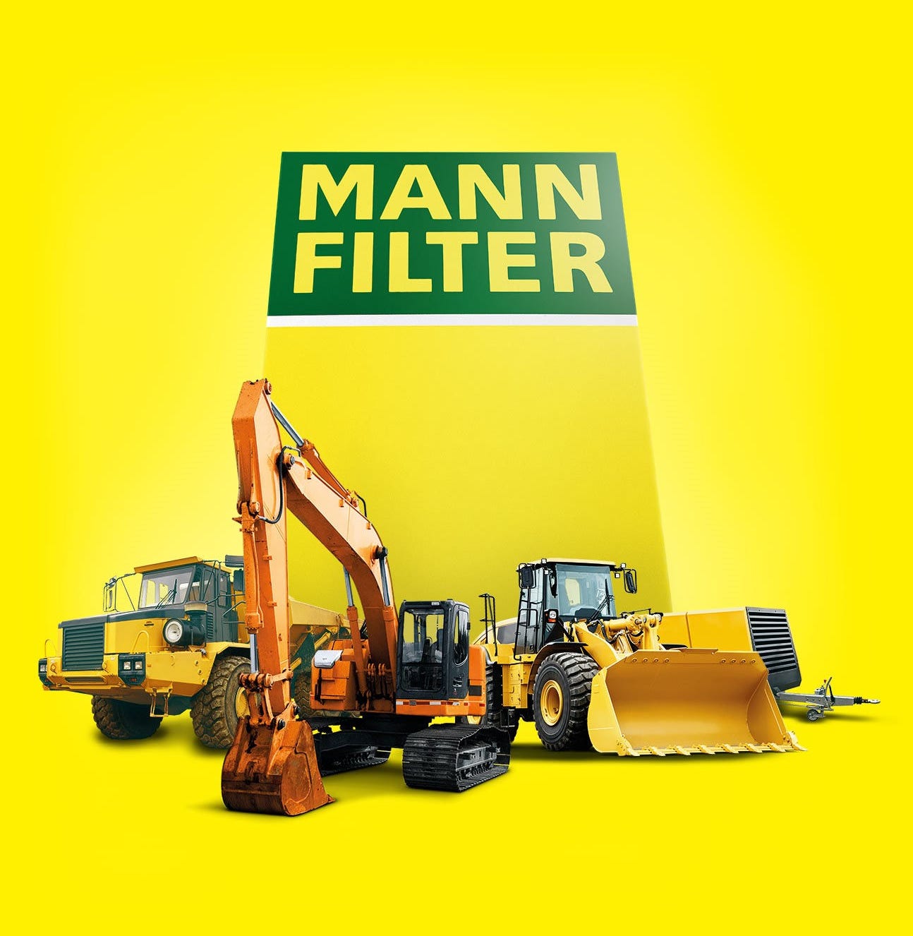 Baufahrzeuge, ein Bagger und ein Lader, neben dem MANN-FILTER Schriftzug auf gelbem Hintergrund