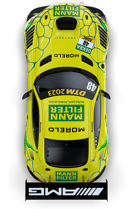 The yellow and green Mercedes AMG GT3 Evo MANN-FILTER Mamba of the 2023 DTM series