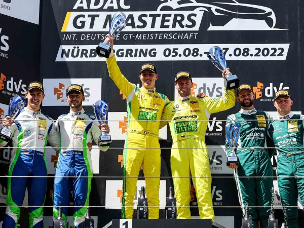Podium for the MANN-FILTER Mamba drivers Maro Engel and Raffaele Marciello at the Nuerburgring
