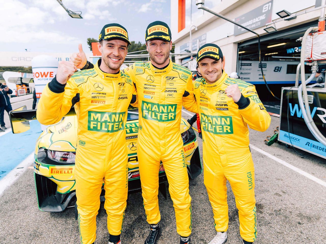 The MANN-FILTER Mamba driver trio at the 24-hour race at Spa (left to right Matteo Cairoli, Maro Engel, Lucas Auer)