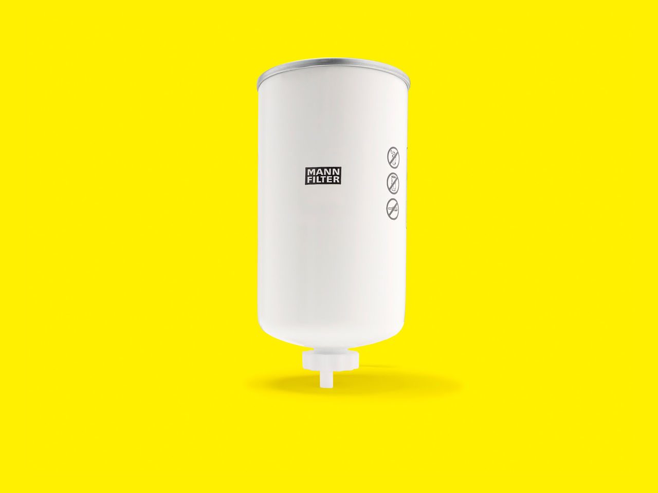 A white cylindrical fuel filter for forklifts displayed vertically on a yellow background