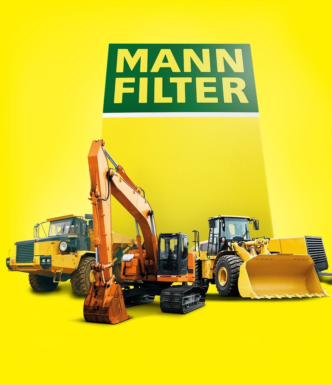 Construction vehicles, an excavator and a loader, near MANN-FILTER branding on yellow background