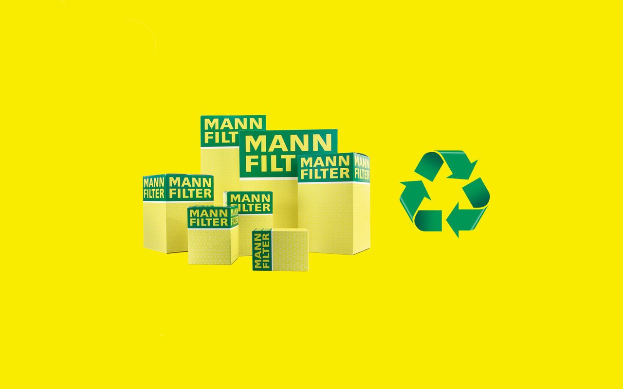 Ambalajul galben-verde pentru produse MANN-FILTER din fibre reciclate