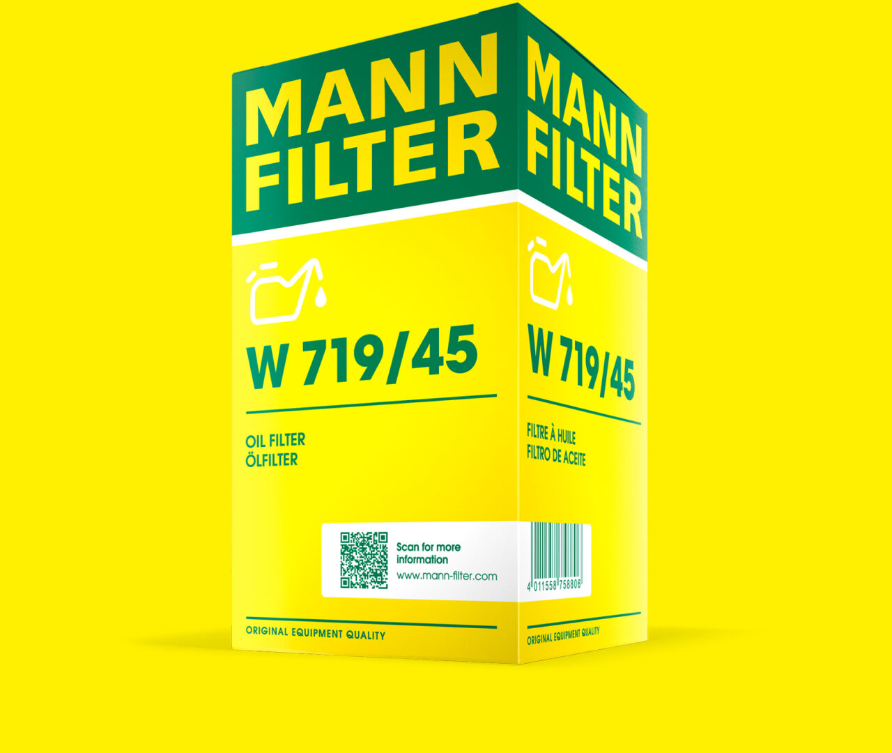 The new MANN-FILTER packaging design shown on the example oil filter packaging w719/45