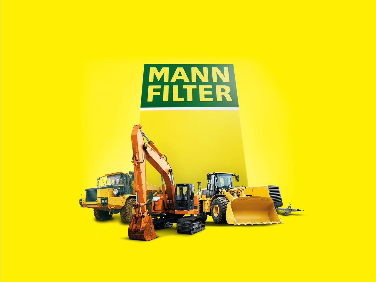 Construction vehicles, an excavator and a loader, near MANN-FILTER branding on yellow background