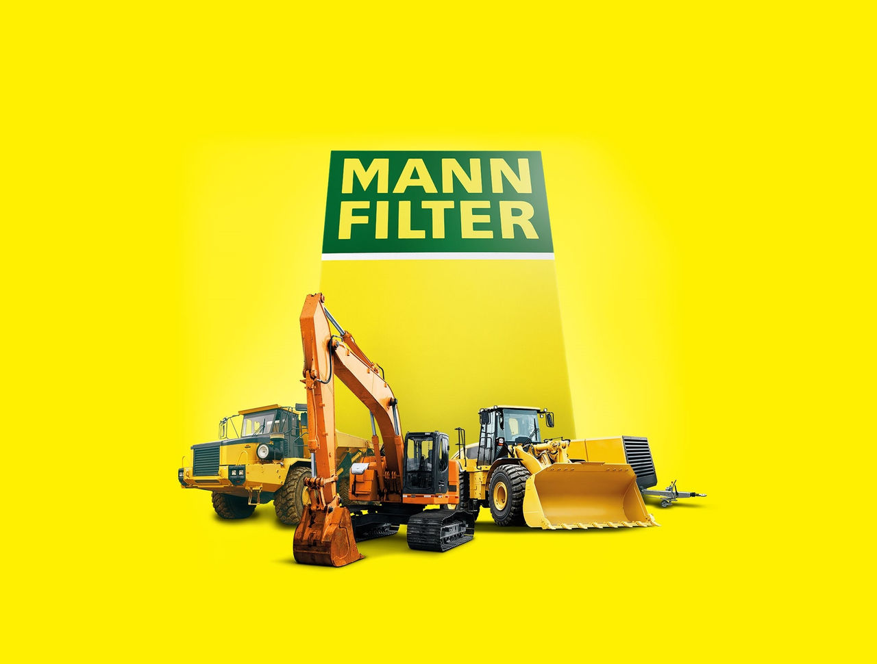 Construction vehicles, an excavator and a loader, near MANN-FILTER branding on yellow background