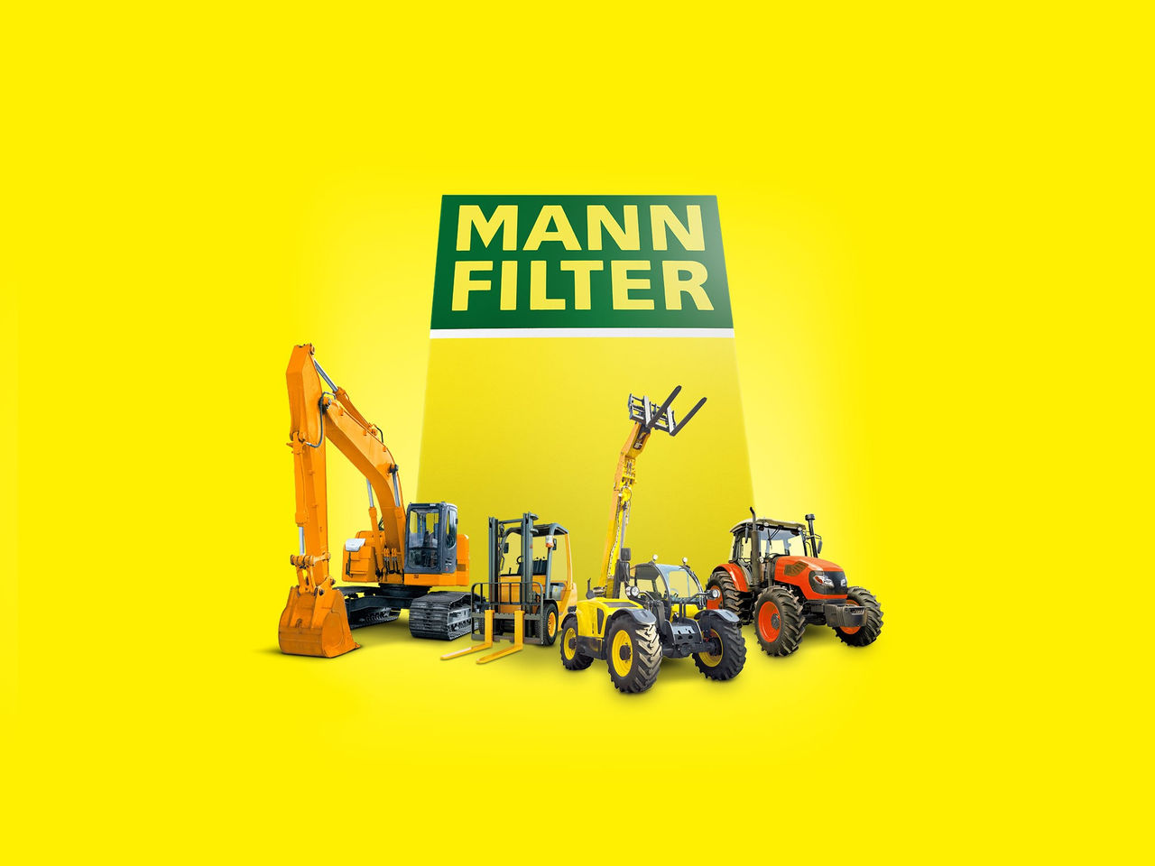 Yellow background with a MANN-FILTER logo, an excavator, a forklift, and a tractor in a row